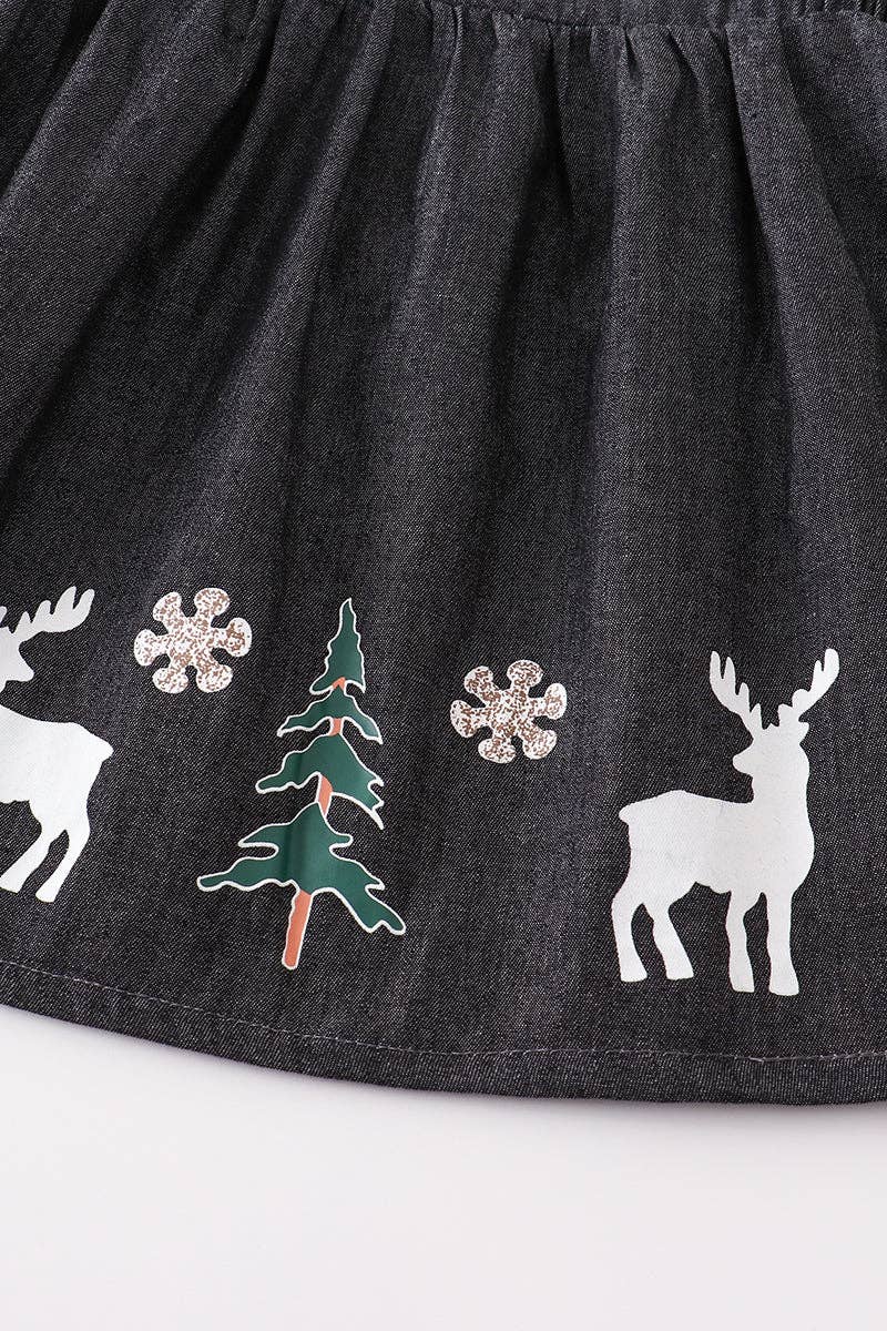 Navy Christmas Tree Denim Dress