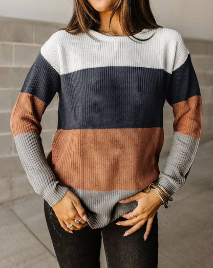 Colorblock Ribbed Trim Pullover Sweater / Red