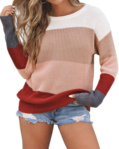 Colorblock Ribbed Trim Pullover Sweater / Red