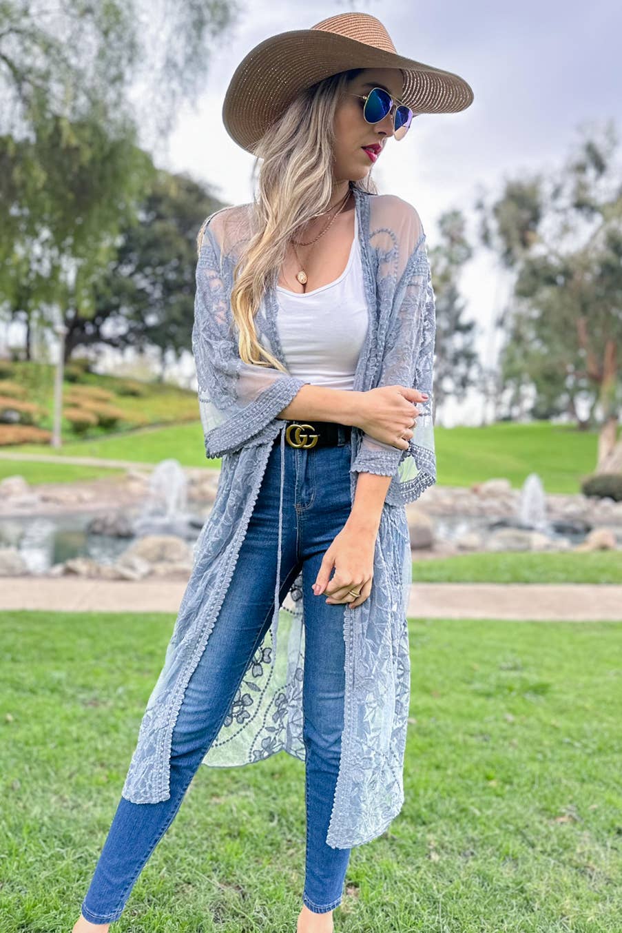 Denim Floral Lace Sheer Duster