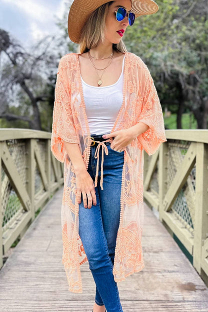 Peach Floral Lace Sheer Dressy Duster