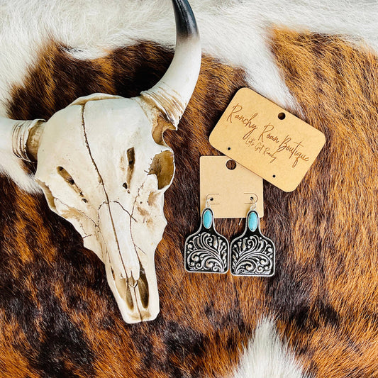 Floral Pattern Cattle Tag Western Earrings