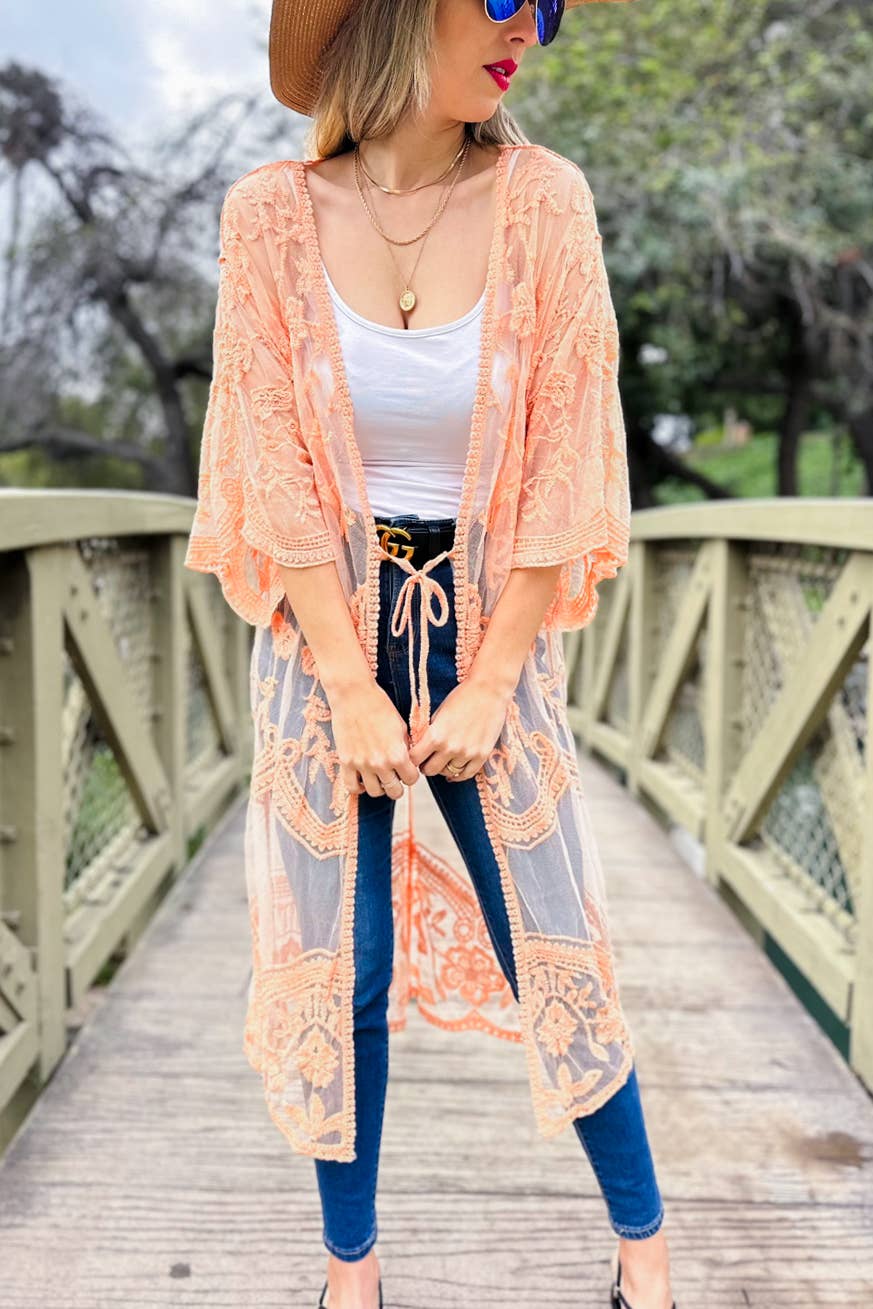 Peach Floral Lace Sheer Dressy Duster