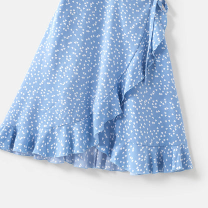 Dots Print Sleeveless Ruffle Wrap Dress