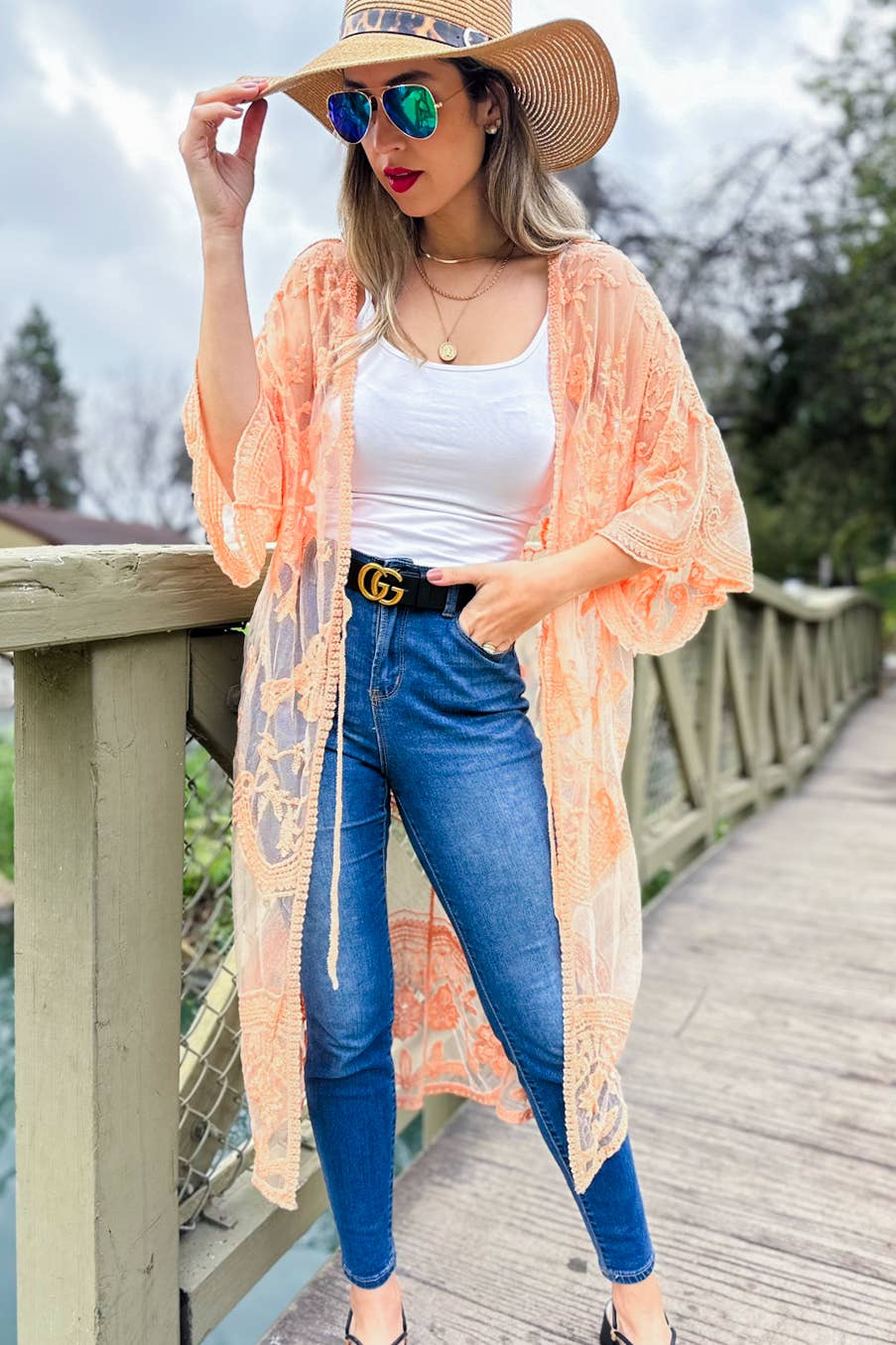 Peach Floral Lace Sheer Dressy Duster