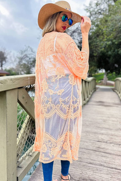 Peach Floral Lace Sheer Dressy Duster