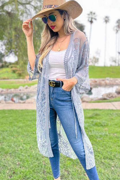 Denim Floral Lace Sheer Duster