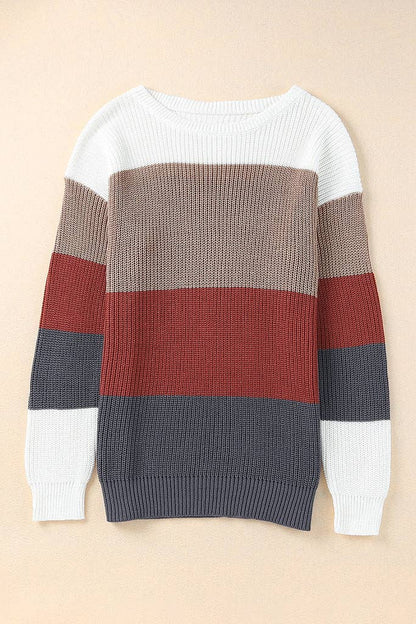 Colorblock Ribbed Trim Pullover Sweater / Red