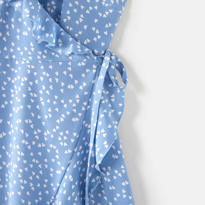 Dots Print Sleeveless Ruffle Wrap Dress