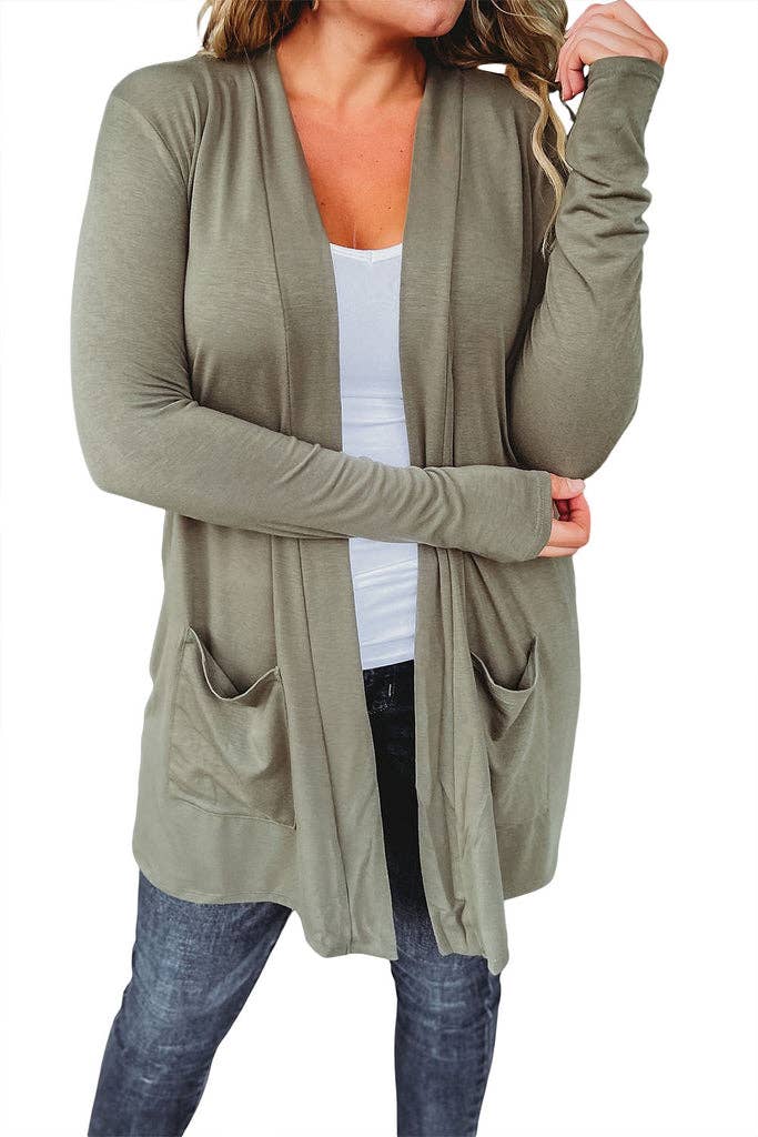 Draped Open Front Cardigan w/Pockets: Sage Green