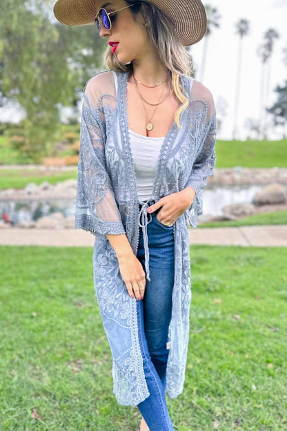 Denim Floral Lace Sheer Duster