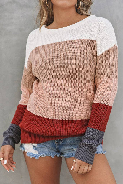 Colorblock Ribbed Trim Pullover Sweater / Red