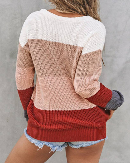 Colorblock Ribbed Trim Pullover Sweater / Red