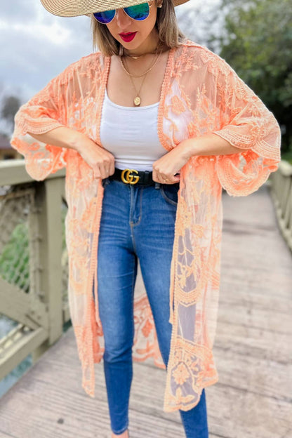 Peach Floral Lace Sheer Dressy Duster