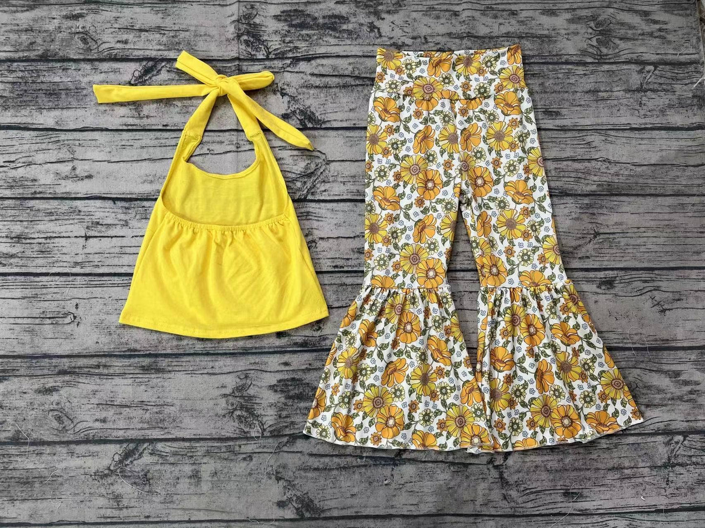 Girls Mustard Halter Top & Bell Bottom Pant