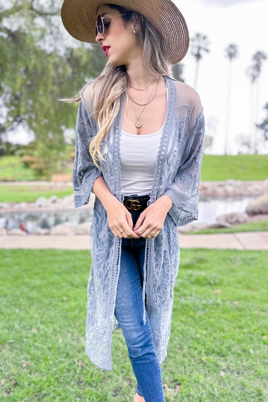 Denim Floral Lace Sheer Duster