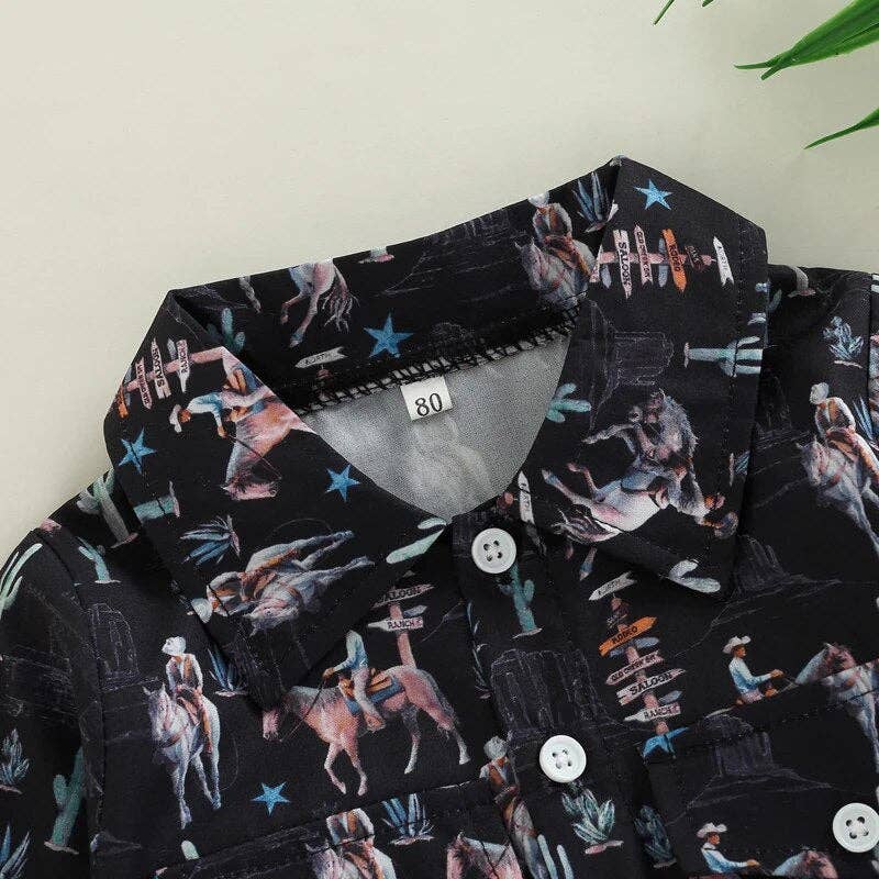 Boys Black Ride em Cowboy Print Button Down Collared Shirt