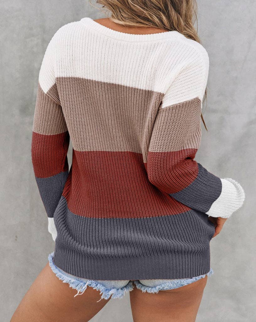 Colorblock Ribbed Trim Pullover Sweater / Red