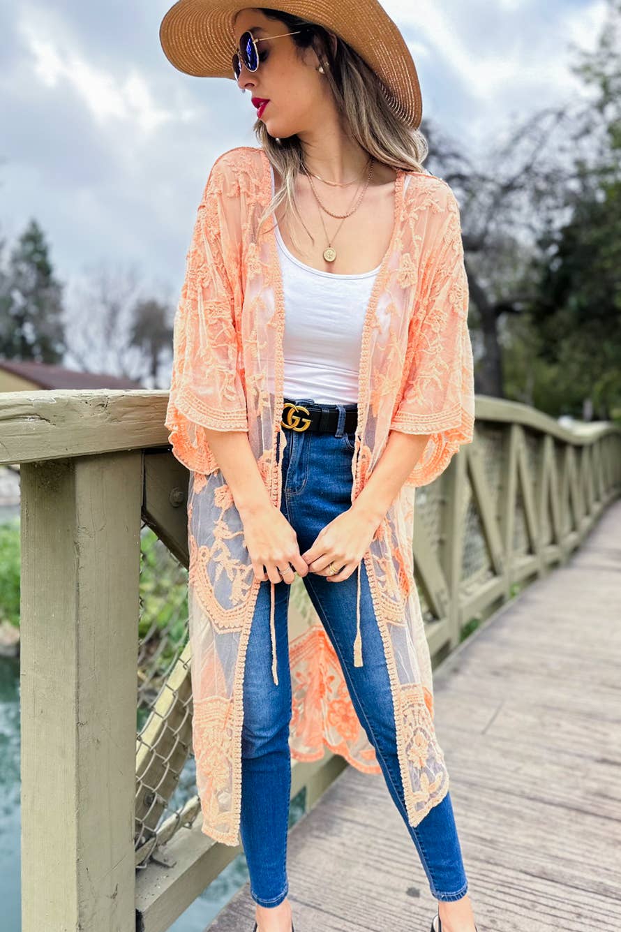 Peach Floral Lace Sheer Dressy Duster