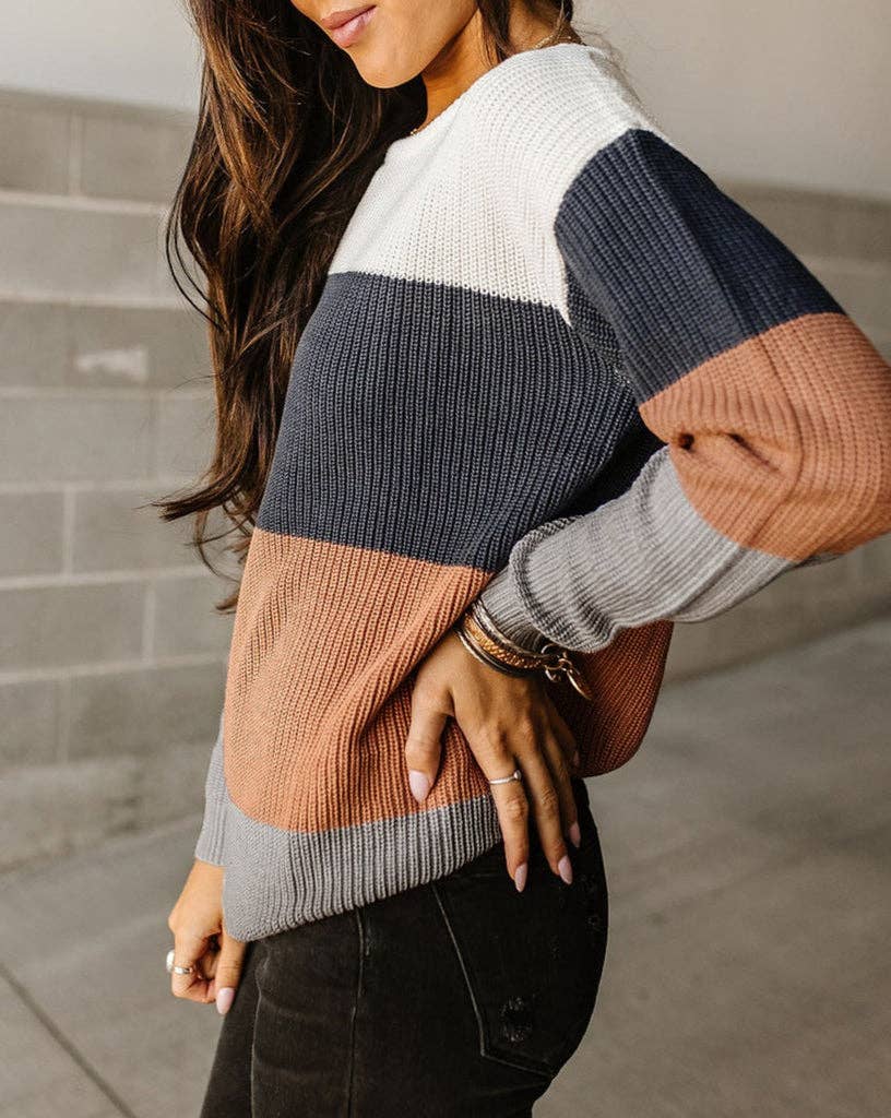 Colorblock Ribbed Trim Pullover Sweater / Red