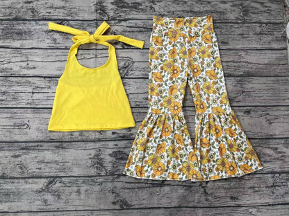 Girls Mustard Halter Top & Bell Bottom Pant