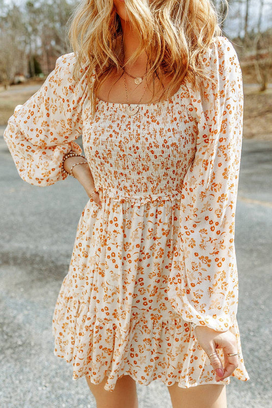 Boho Floral Smocked Puff Sleeve Dress