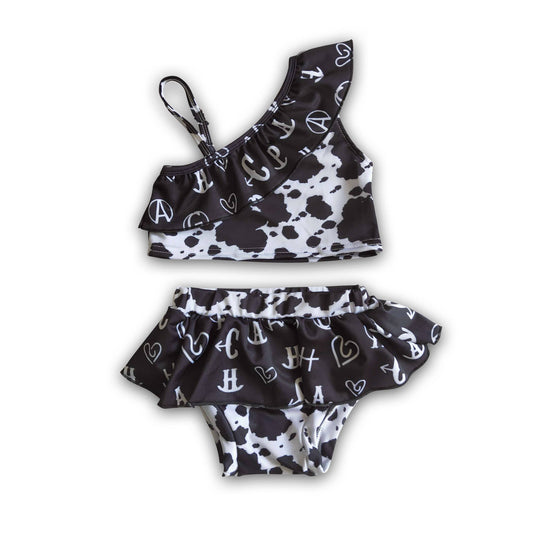 Letters Cow Print Ruffle Swimsuit