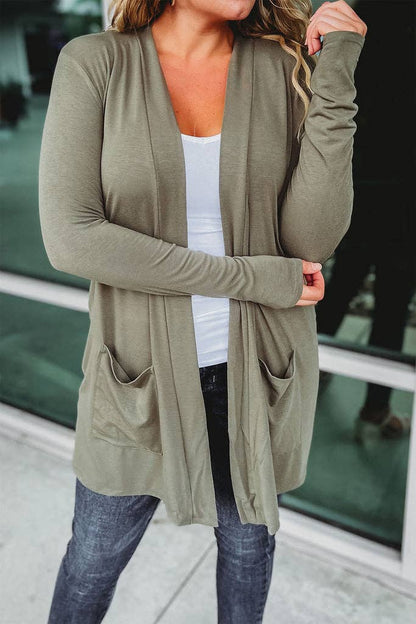 Draped Open Front Cardigan w/Pockets: Sage Green