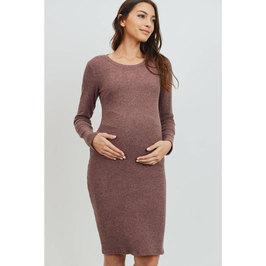 Womens Knit Ribbed Long Sleeve Maternity Midi Dress
