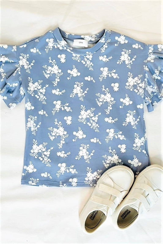 KIDS FLORAL ROUND NECK RUFFLED SLEEVE TOP