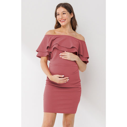 Off Shoulder Double Ruffled Maternity Mini Dress